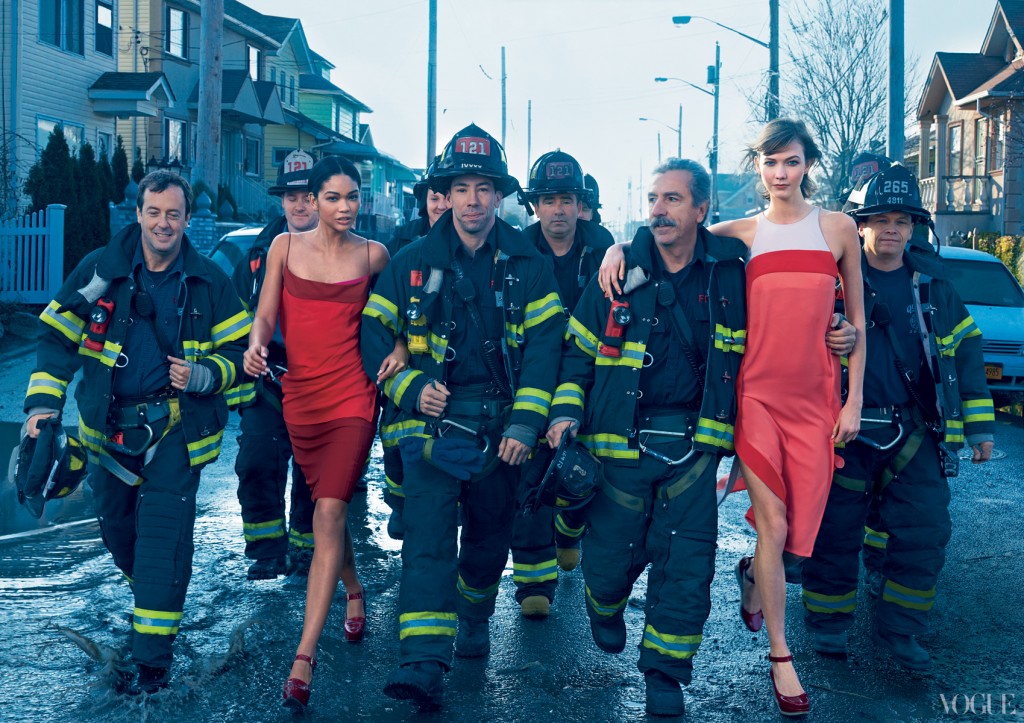 post-Hurricane Sandy FDNY with Iman wearing Narciso Rodriguez and Karlie Kloss wearing Diane von Furstenberg